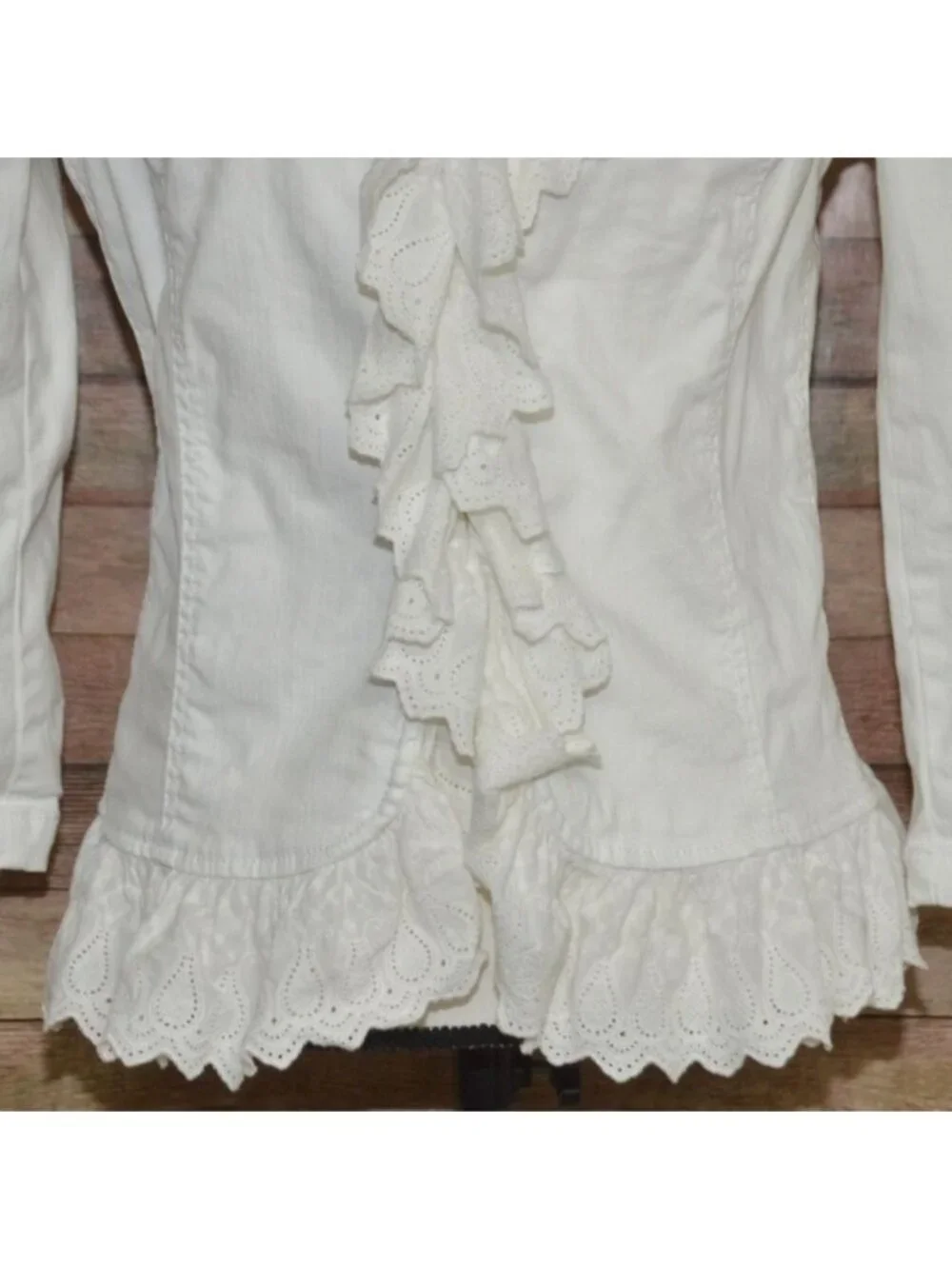 Ralph Lauren Jeans Co White Denim Ruffle Eyelet Lace Jacket Blazer Size 12 Boho - Picture 3 of 12